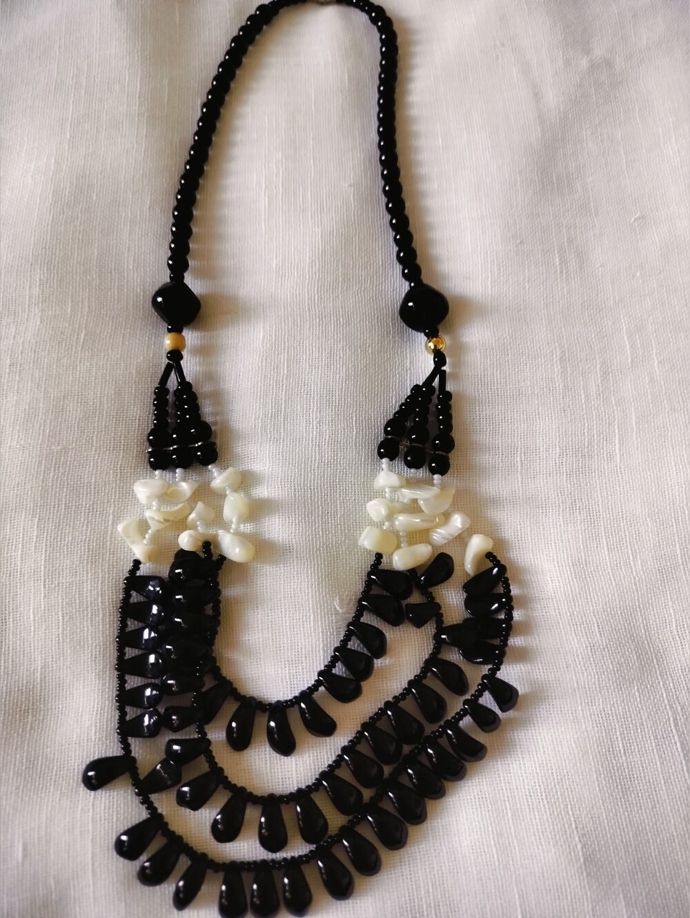 Vintage Multi-Strand Black Glass Teardrop & Mother of Pearl Shell Statement Bib